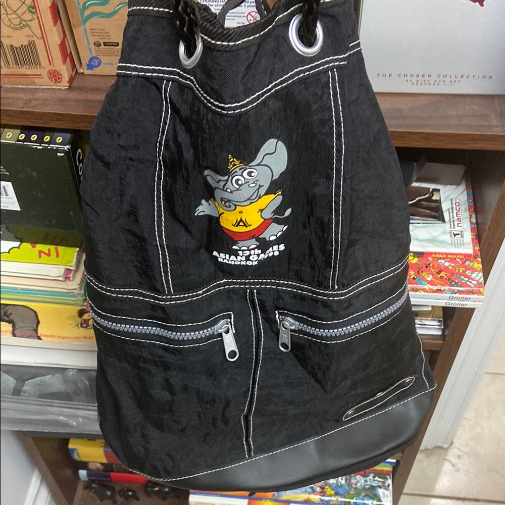 VTG 1998 13th Asian Games Bangkok Black Drawstring Backpack with Elephant Mascot